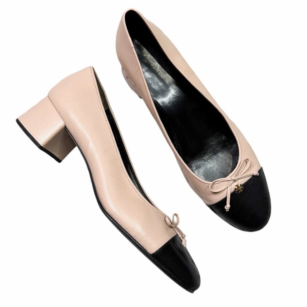 Tory Burch | Cap Toe Logo Nude Black Bow Designer Ballet Low Block Heels Size 12